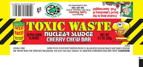 label of cherry toxic waste chew bar