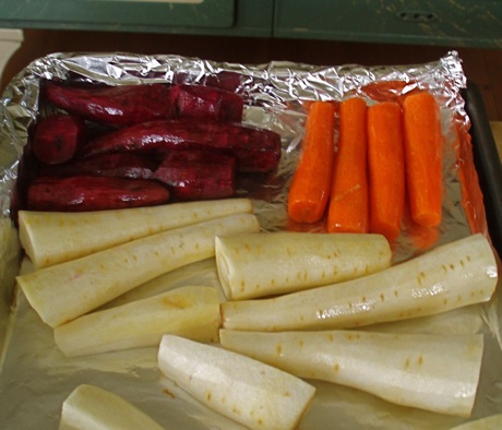 root vegetables prepared for roasting, including Crapaudine beets